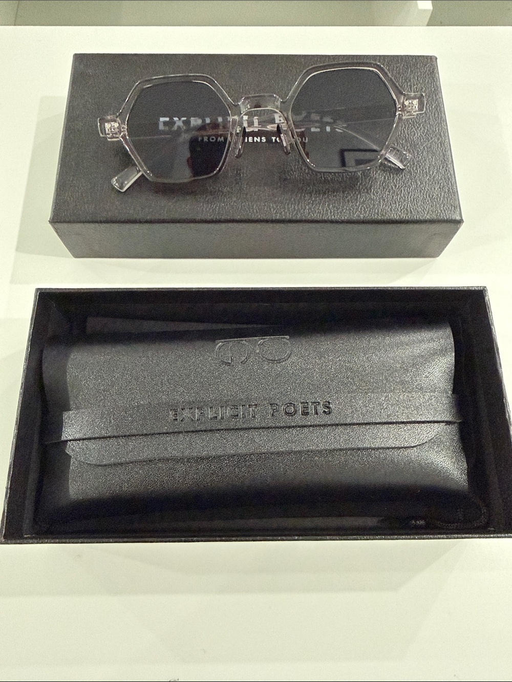 Explicit Poets Original Leon Sun Glasses Clear w Black Lenses BRAND NEW